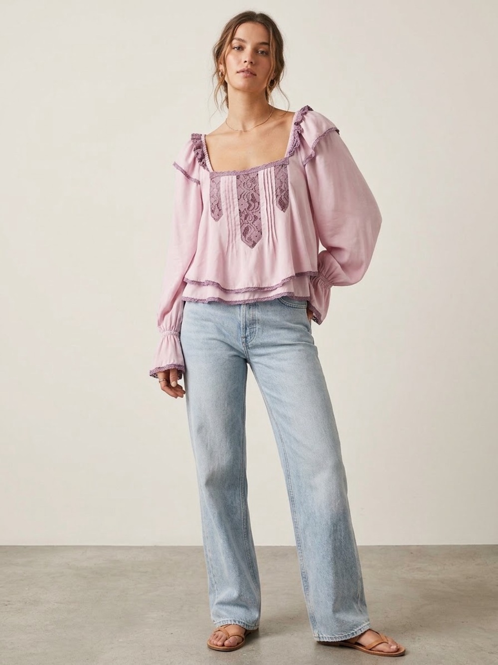 Free People Pastel Lilac Lace-Trim Peasant Top